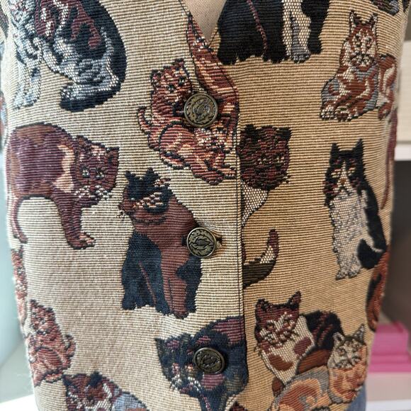 Vintage 90s Cat Novelty Artsy Button Vest - Tan Brown Wms M NWT - Picture 4 of 11